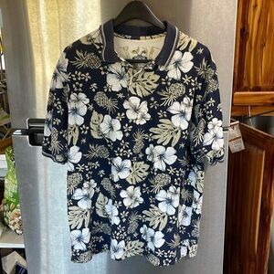 The Skins Game Tropical Leaf Cotton Polo Shirt Men's M. Navy Blue, white & cream